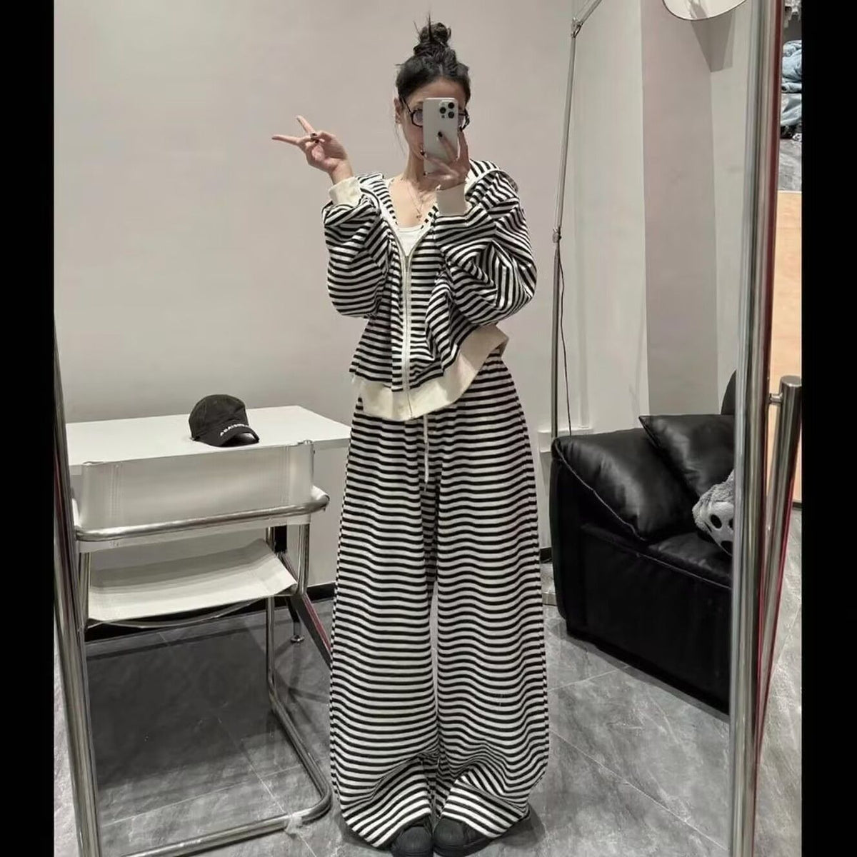 Striped Hoodie Set for Women, Casual Long Sleeve Outerwear with Wide-Leg Pants Two-Piece Outfit