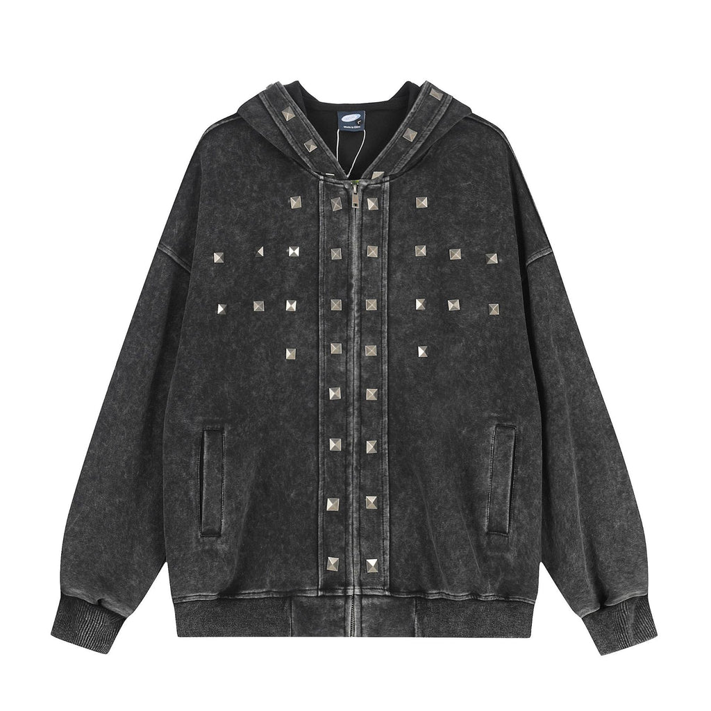 Punk Abi style rivet hooded sweatshirt cardigan jacket