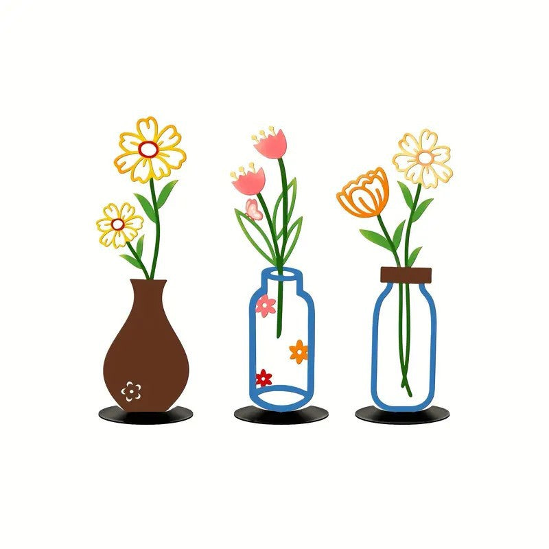Wall Decoration Art Piece - 2D Flat Colorful Printed Vase with Flower Insert, Wall Silhouette for Living Room Interior Decor