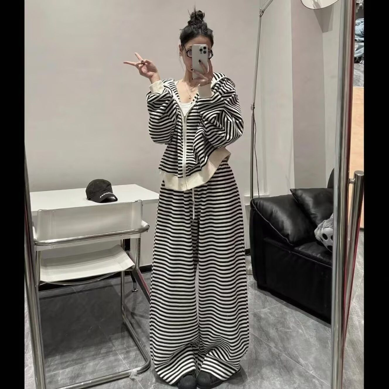 Striped Hoodie Set for Women, Casual Long Sleeve Outerwear with Wide-Leg Pants Two-Piece Outfit