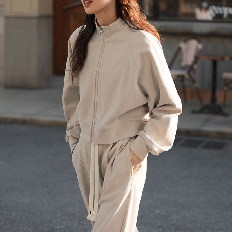 Casual Sportswear Two-Piece Set Loose Lightweight Stand-Up Collar Zip-Up Hoodie Jacket Fashion Stylish Long Pants Outfit Women