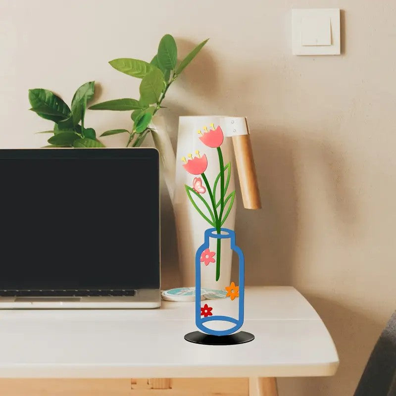 Wall Decoration Art Piece - 2D Flat Colorful Printed Vase with Flower Insert, Wall Silhouette for Living Room Interior Decor