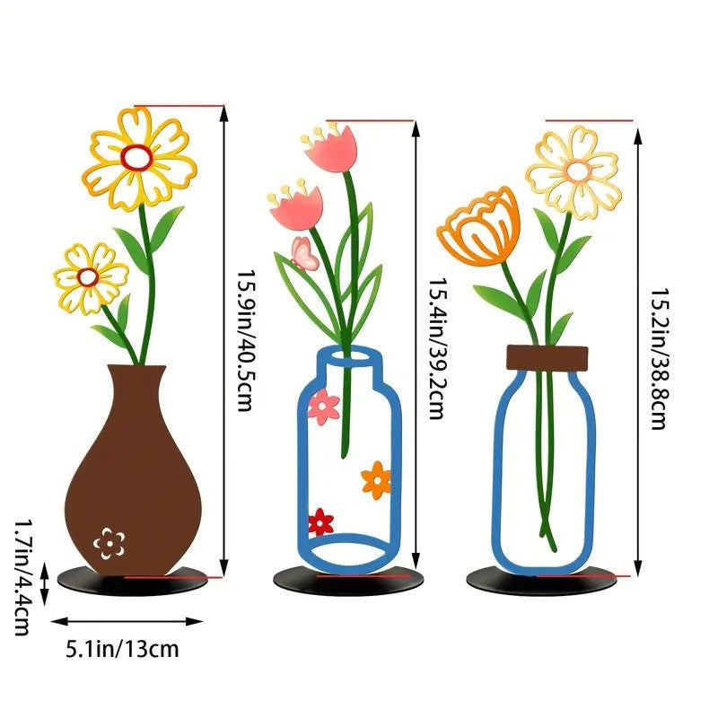 Wall Decoration Art Piece - 2D Flat Colorful Printed Vase with Flower Insert, Wall Silhouette for Living Room Interior Decor