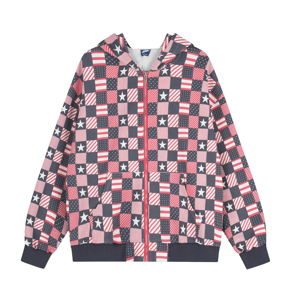 Casual hooded zipper checkered jacket for women
