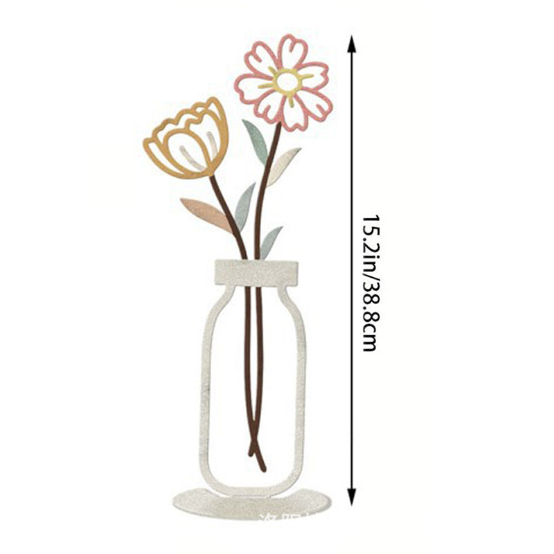 Wall Decoration Art Piece - 2D Flat Colorful Printed Vase with Flower Insert, Wall Silhouette for Living Room Interior Decor