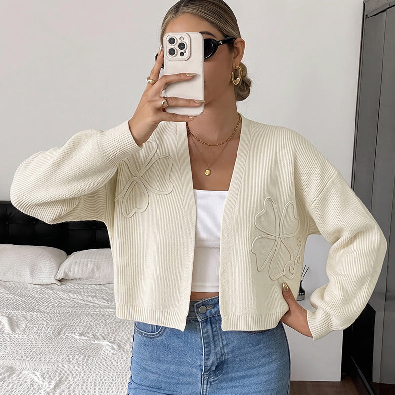 Solid color loose embroidered long sleeved cardigan sweater