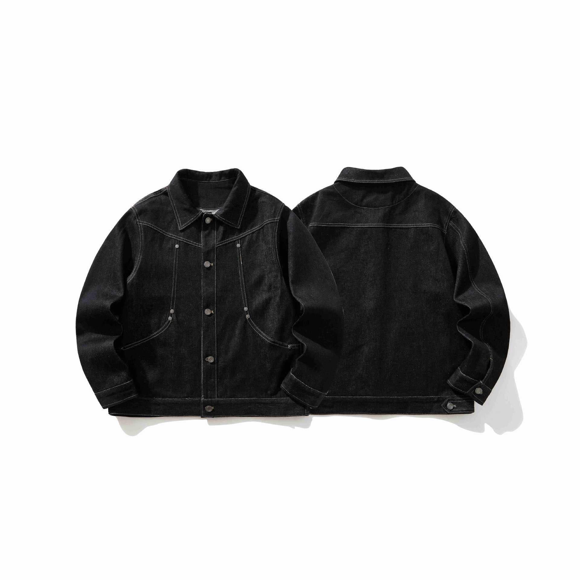 Raw Black Denim Curved Topstitch Rivet Lapel Jacket for Men