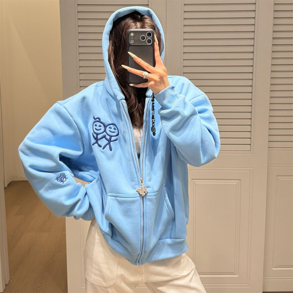 Chalkstick Embroidery Hoodie, Loose Casual Open Front Jacket