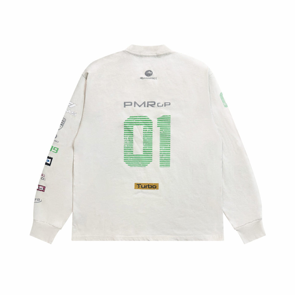 Graffiti Patch Washed Spray Color Distressed Crew Neck Long Sleeve T-Shirt