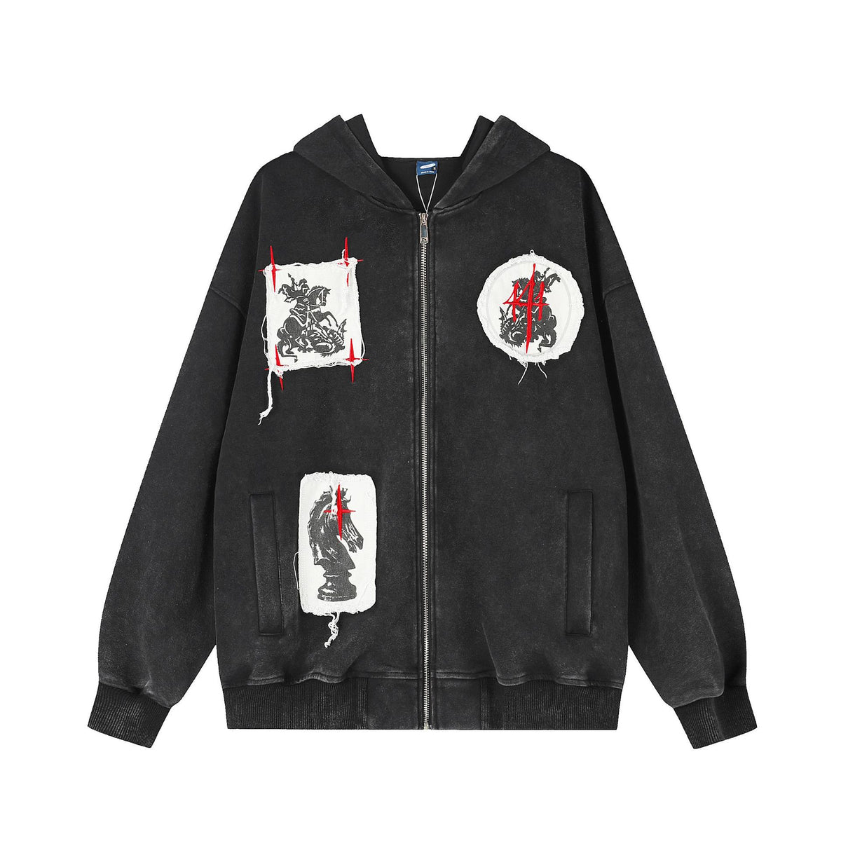 Hip hop patchwork embroidered hooded sweatshirt cardigan jacket