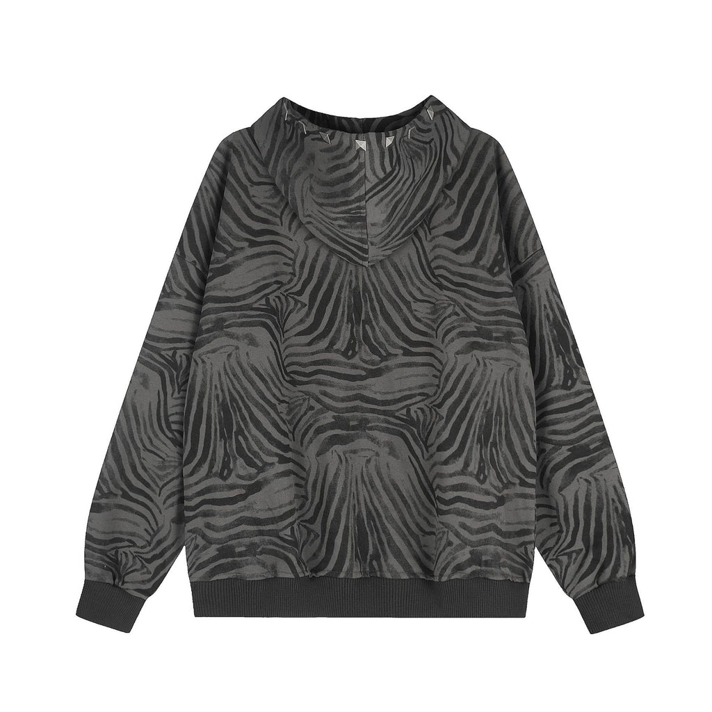Zebra print hooded sweatshirt with rivets loose casual jacket