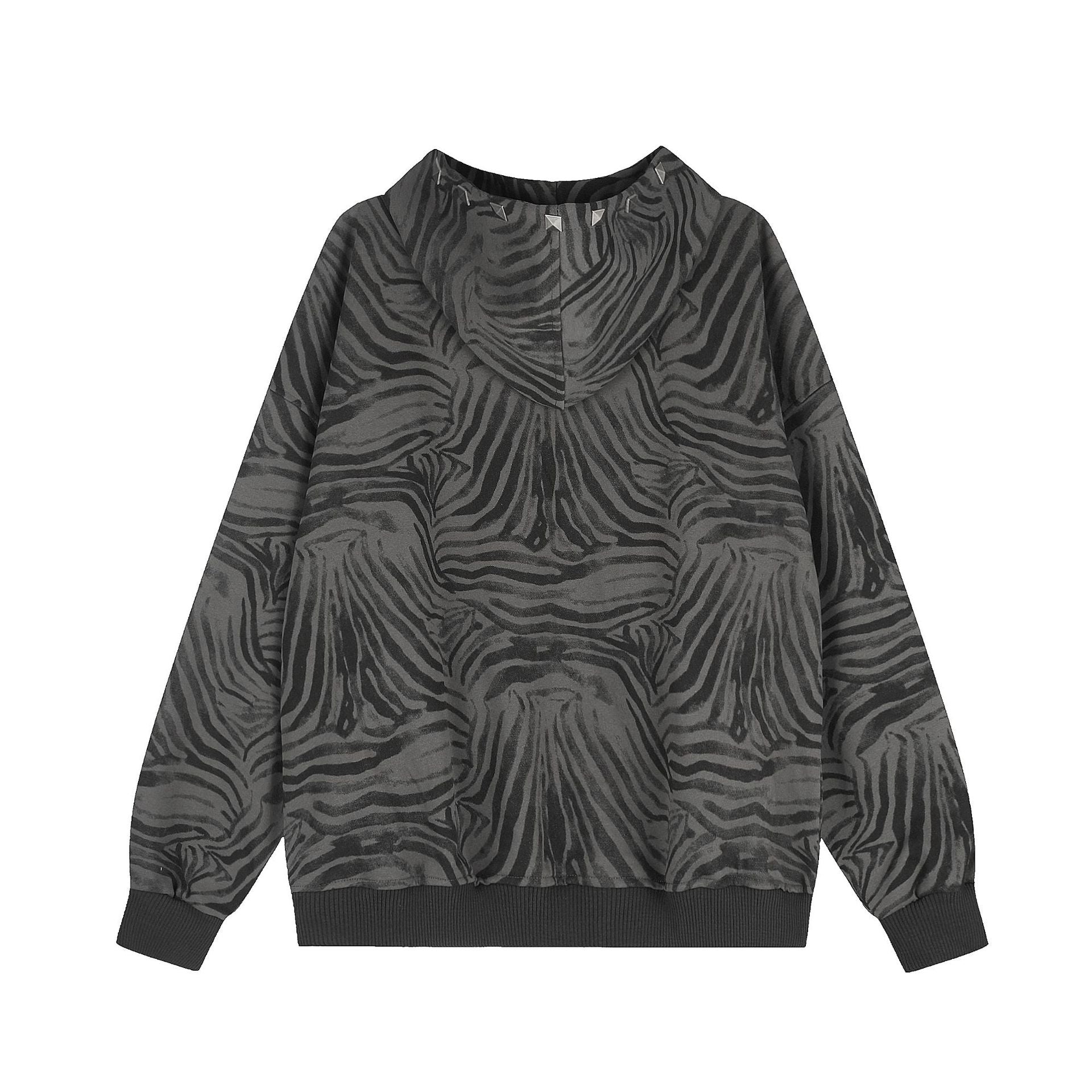 Zebra print hooded sweatshirt with rivets loose casual jacket