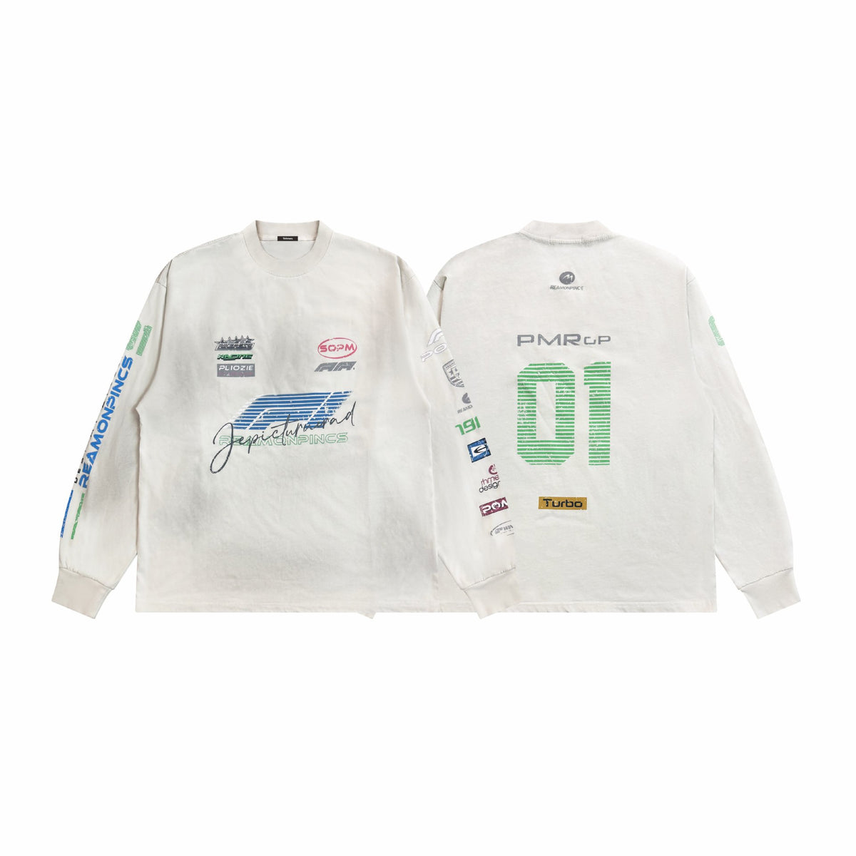 Graffiti Patch Washed Spray Color Distressed Crew Neck Long Sleeve T-Shirt