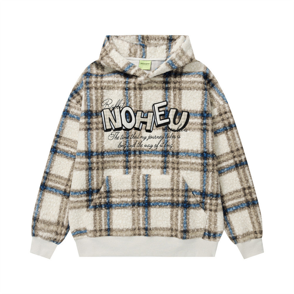 Plaid lamb wool hooded sweatshirt