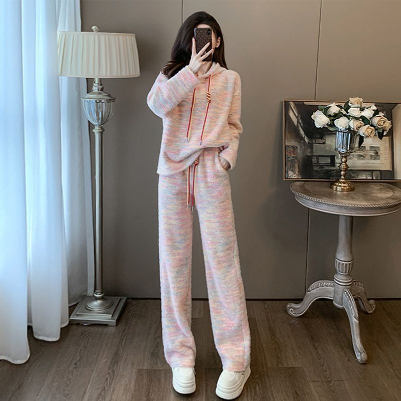 Casual Loose Hoodie and High-Waisted Wide-Leg Pants Two-Piece Set for Women, Rainbow Color, Lazy Style, Autumn and Spring Wear