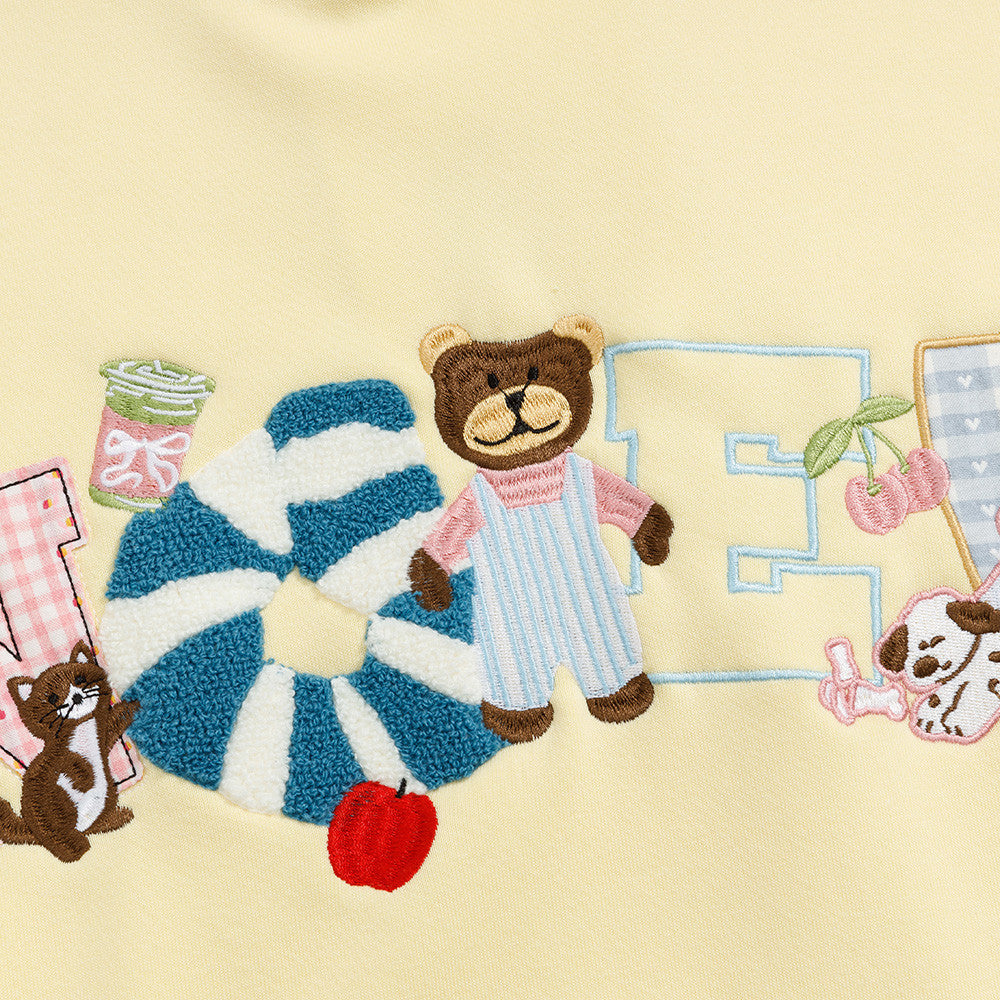 Cartoon teddy bear embroidered fleece hooded sweatshirt