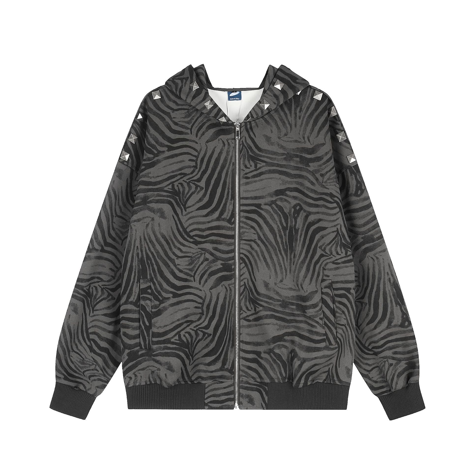 Zebra print hooded sweatshirt with rivets loose casual jacket