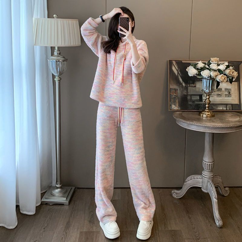 Casual Loose Hoodie and High-Waisted Wide-Leg Pants Two-Piece Set for Women, Rainbow Color, Lazy Style, Autumn and Spring Wear
